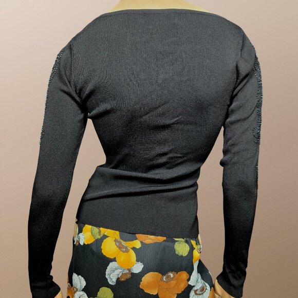 Vintage 90s Black Sweater Beaded Sleeves Size M Slim Ribbed Boat Neck Basic Top - Picture 5 of 6